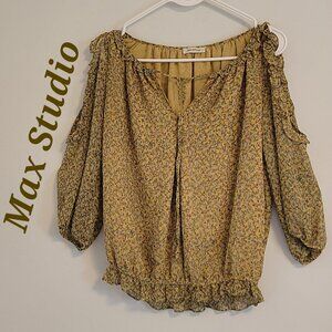 Max Studio mustard multi colored flowers 3/4 cold shoulder sleeve top. Sz: M